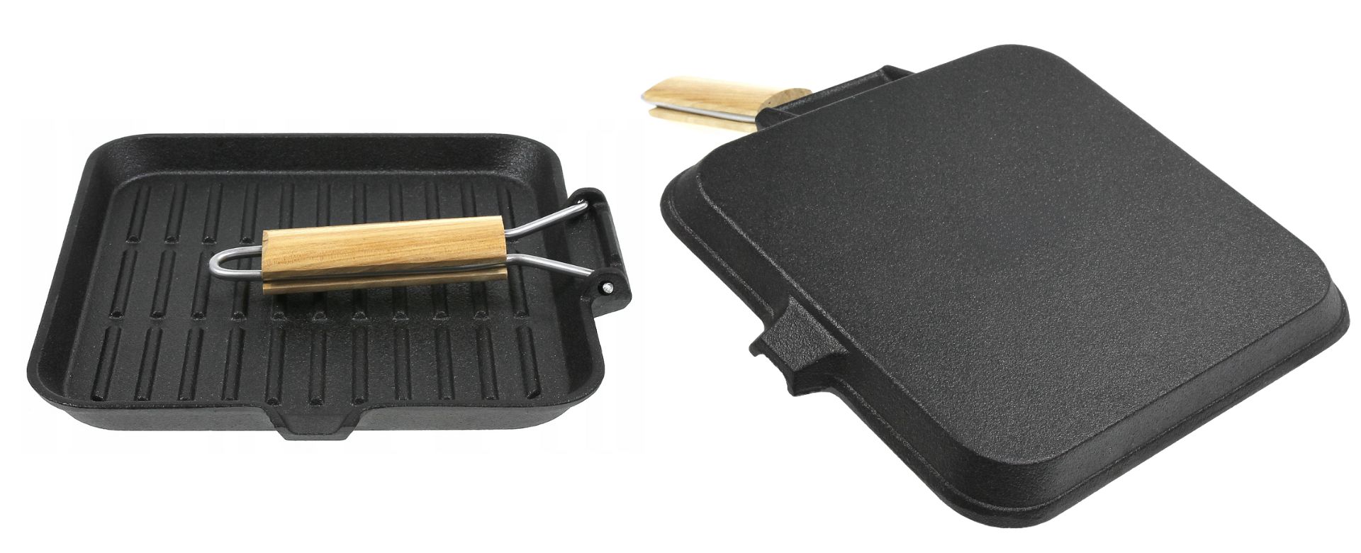 Öntöttvas grill serpenyő összecsukható fa nyéllel